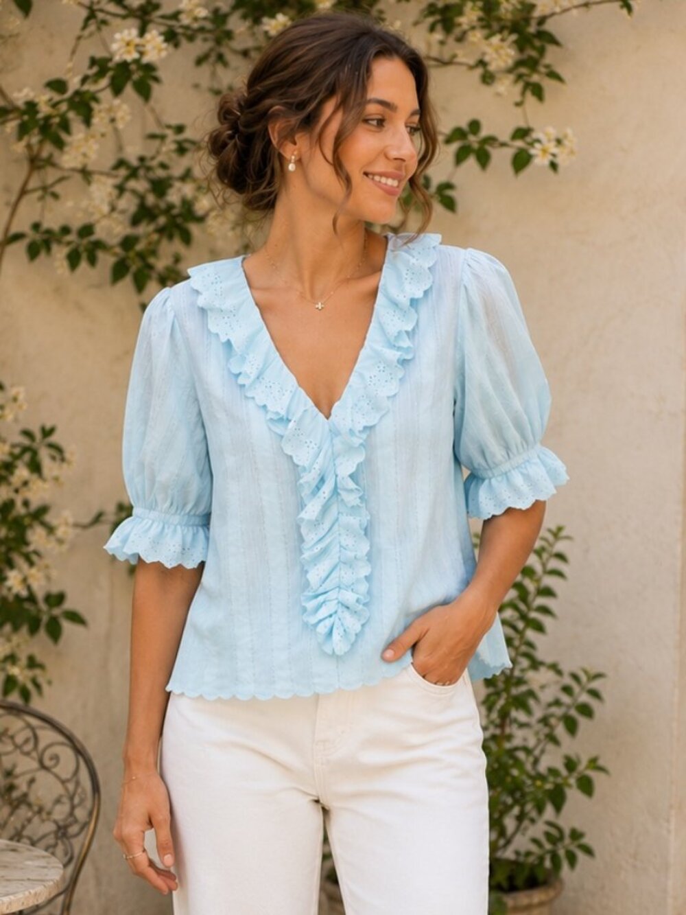 Raisonnel Eyelet Ruffle Front Blouse Womens Size L Blue Cottagecore Coquette Top